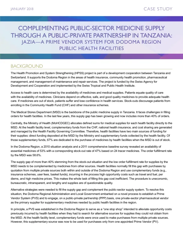 Complementing Public-sector Medicine Supply through a Public-private Partnership in Tanzania: Jazia—A Prime Vendor System for Dodoma Region Public Health Facilities