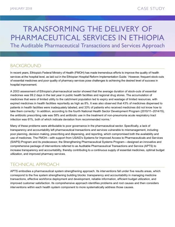 Transforming the Delivery of Pharmaceutical Services in Ethiopia: The Auditable Pharmaceutical Transactions and Services (APTS) Approach