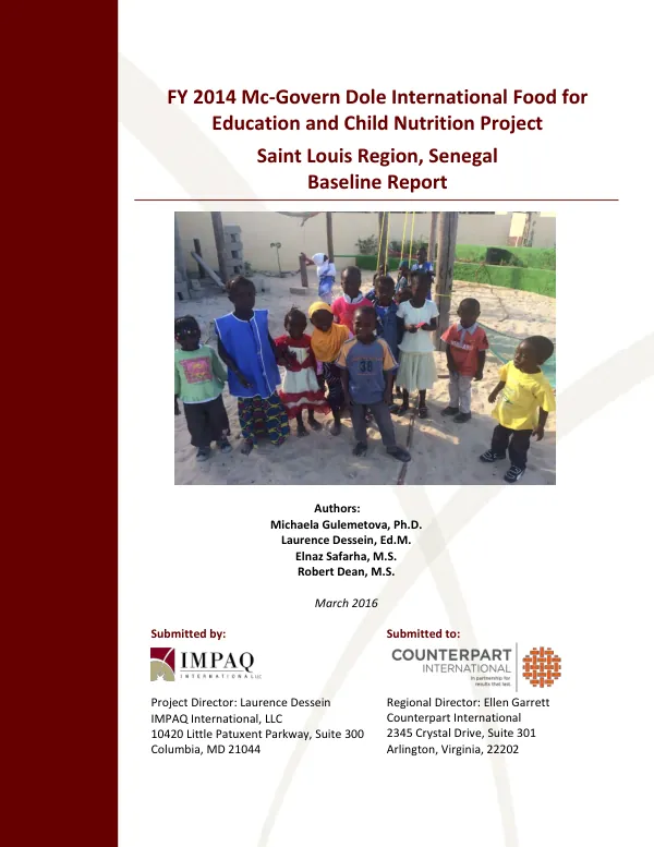 [USDA] 2014 Mc-Govern Dole international food for education and child nutrition project Saint Louis Region, Senegal : baseline report