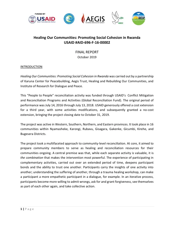 Healing our communities : promoting social cohesion in Rwanda : final report