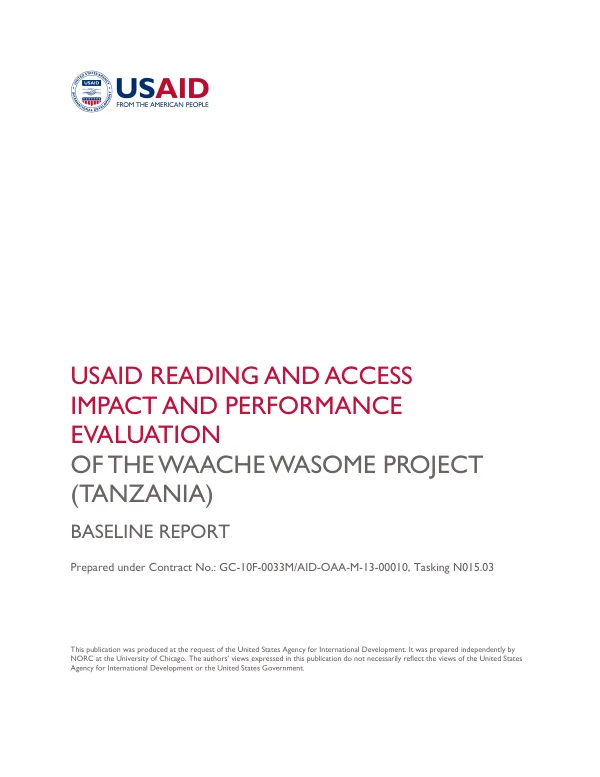 USAID reading and access impact and performance evaluation of the waache wasome project : baseline report [Tanzania]