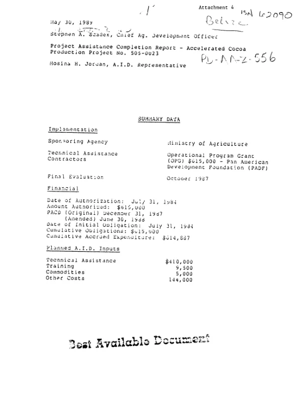 Project assistance completion report -- accelerated cocoa production project no. 505-0023