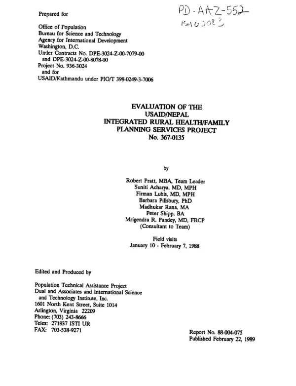 Evaluation of the USAID/Nepal integrated rural health/family planning services project, no. 367-0135