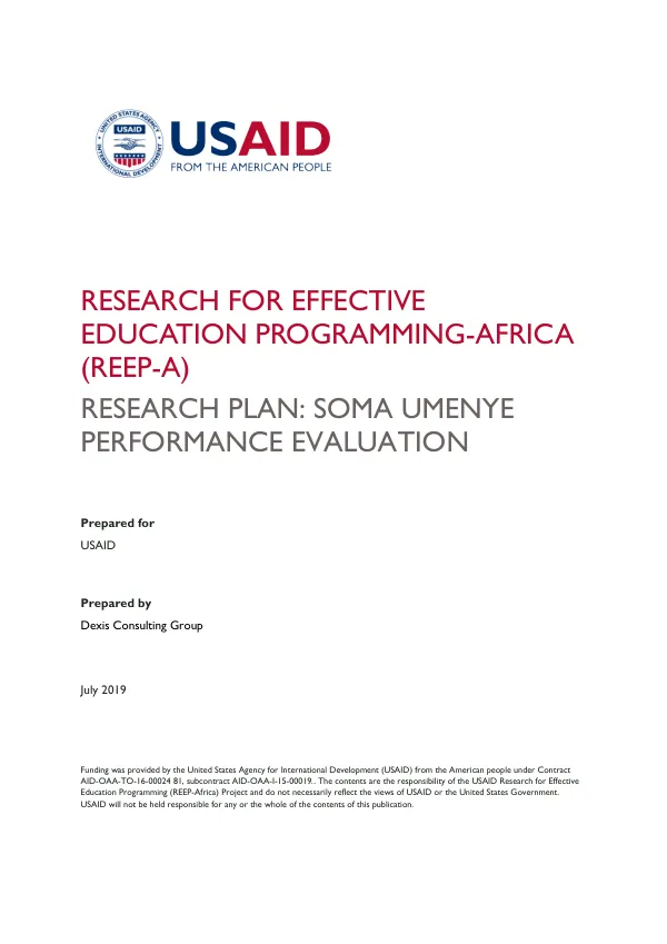 RESEARCH FOR EFFECTIVE EDUCATION PROGRAMMING-AFRICA (REEP-A) RESEARCH PLAN: SOMA UMENYE PERFORMANCE EVALUATION