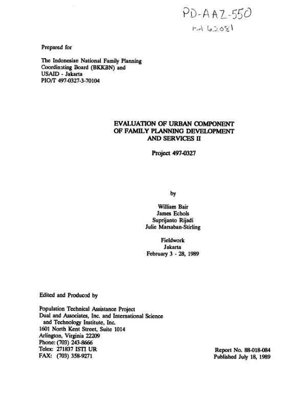 Evaluation of urban component of family planning development and services II