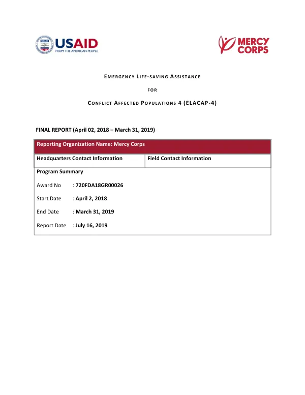 Emergency life-saving assistance for conflict affected populations 4 (ELACAP-4) : final report, April 02, 2018 - March 31, 2019