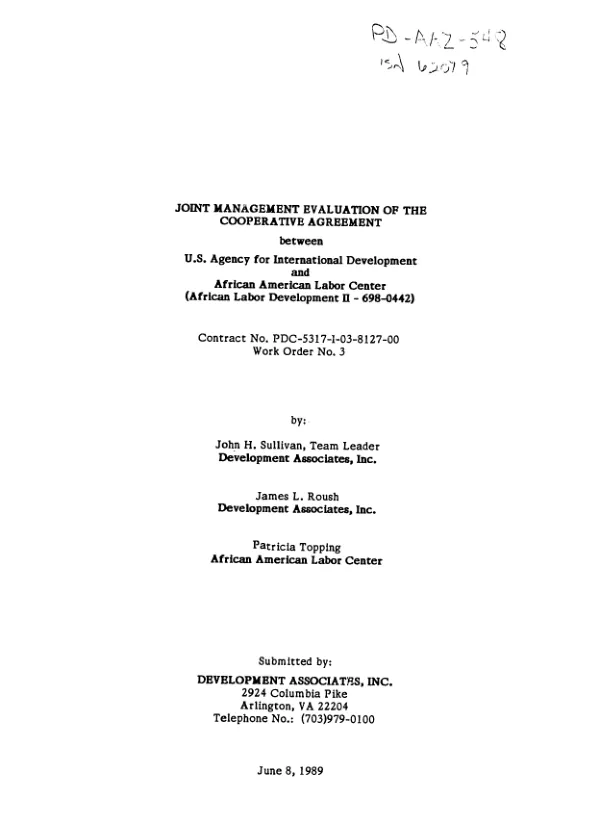 Joint management evaluation of the cooperative agreement between US Agency for International Development and African American Labor Center (African labor development II, 698-0442)