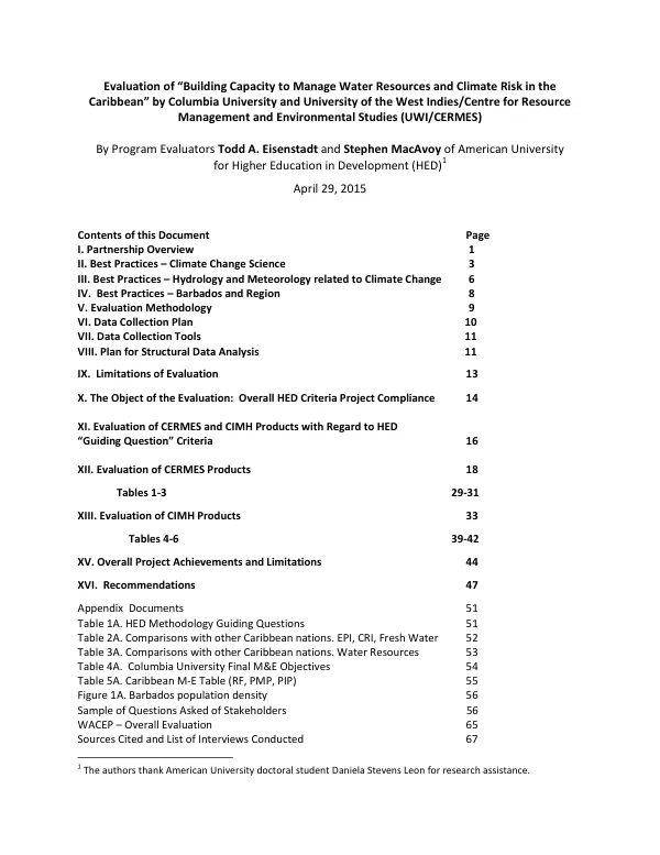 Evaluation of "Building capacity to manage water resources and climate risk in the Caribbean" by Columbia University and University of the West Indies/Centre for Resource Management and Environmental Studies (UWI/CERMES)