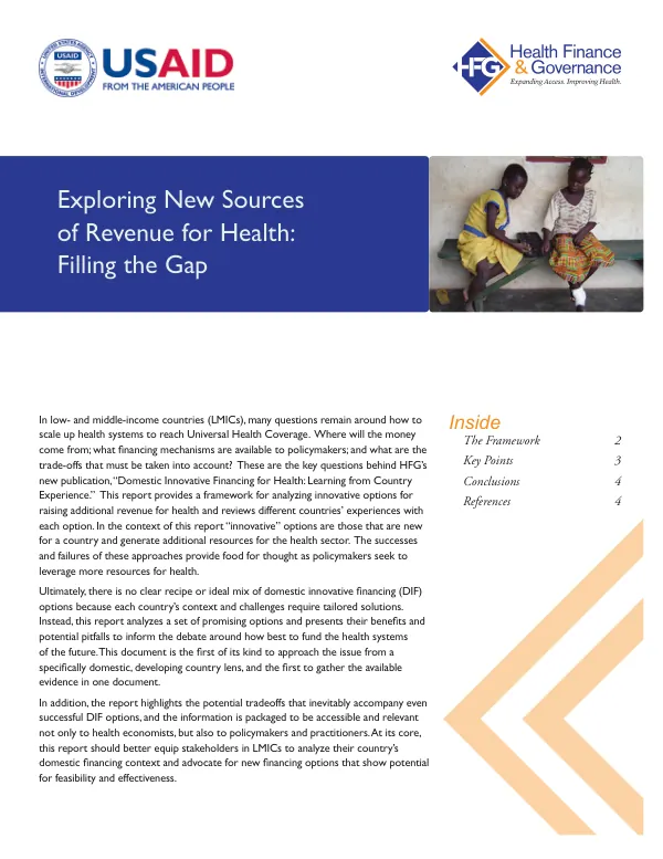 Exploring new sources of revenue for health : filling the gap