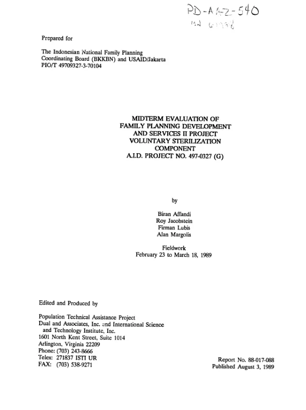 Midterm evaluation of family planning development and services II project -- voluntary sterilization component, AID project no. 497-0327 (G)