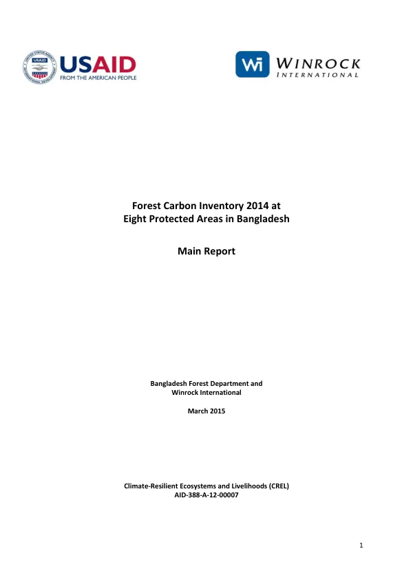 Forest carbon inventory 2014 at eight protected areas in Bangladesh : main report