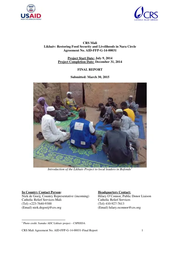 CRS Mali : Likhaiv : restoring food security and livelihoods in Nara Circle : agreement no. AID-FFP-G-14-00031 : final report