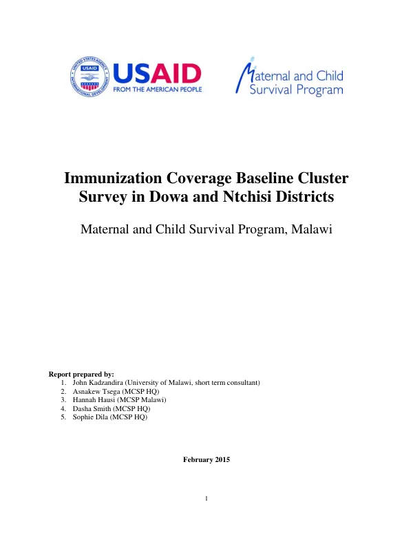Immunization coverage baseline cluster survey in Dowa and Ntchisi Districts