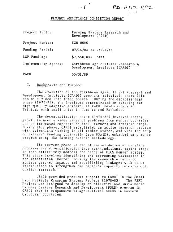 Project assistance completion report : project title, farming systems research and development (FSRD)