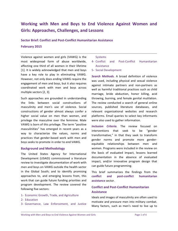 Working with men and boys to end violence against women and girls : approaches, challenges, and lessons -- sector brief : conflict and post-conflict humanitarian assistance