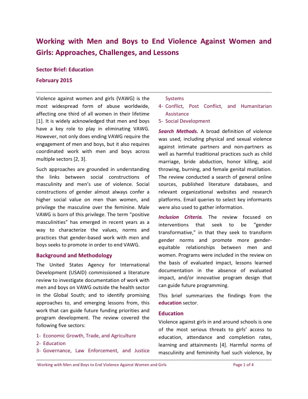 Working with men and boys to end violence against women and girls : approaches, challenges, and lessons -- sector brief : education