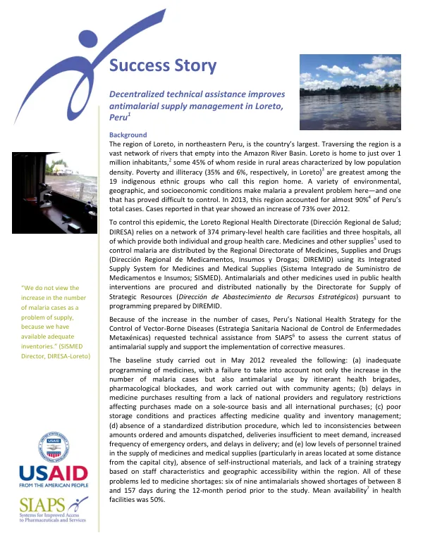 Success Story - Decentralized technical assistance improves antimalarial supply management in Loreto, Peru
