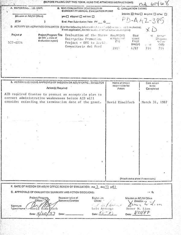 Agency for International Development project 527-0274 : OPG-ACP -- evaluation of the micro enterprise development project -- Accion Comunitaria del Peru