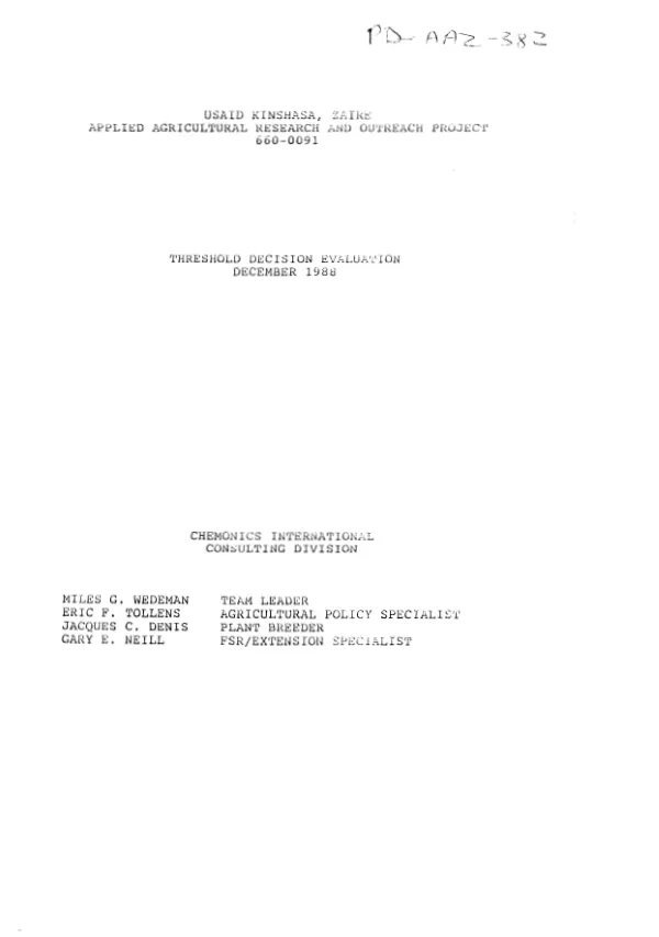 USAID/Kinshasa, Zaire, applied agricultural research and outreach project, 660-0091 : threshold decision evaluation