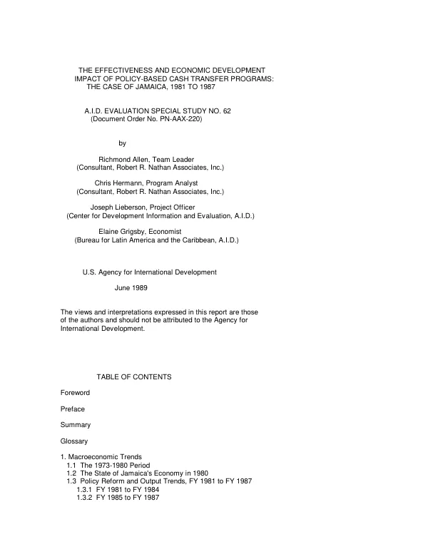Effectiveness and economic development impact of policy-based cash transfer programs : the case of Jamaica, 1981-1987