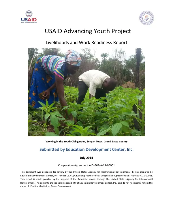 Liberia Advancing Youth Project - AYP - Livelihoods and Work Readiness Report