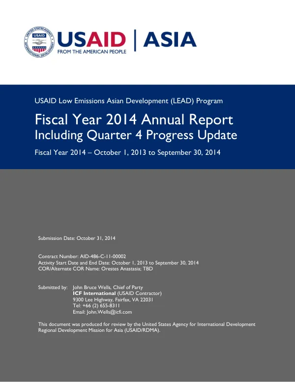 USAID Low Emissions Asian Development (LEAD) Program Fiscal Year 2014 Annual Report Including Quarter 4 Progress Update