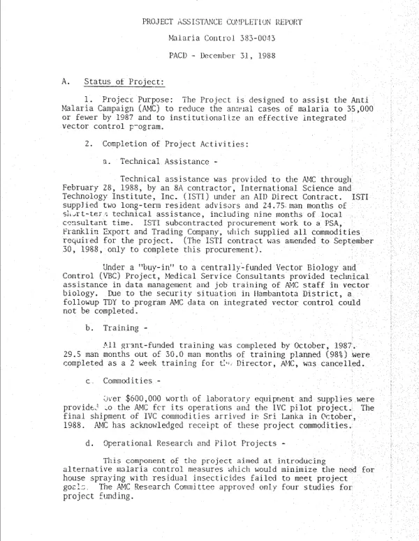 Project assistance completion report : malaria control 383-0043