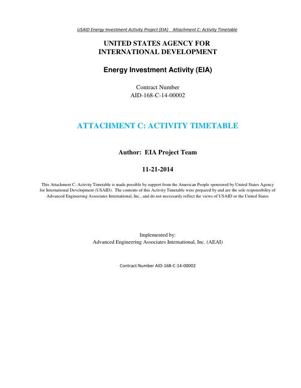 Energy Investment Activity (EIA): Work Plan Attachment C: Activity Timetable