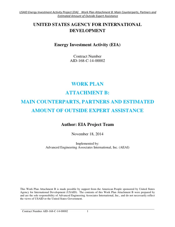 Energy Investment Activity (EIA): Work Plan Attachment B: Main Counterparts, Partners, and Estimated Amount of Outside Expert Assistance