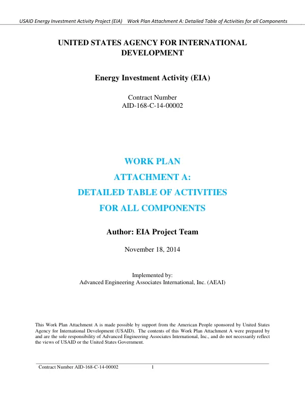 Energy Investment Activity (EIA): Work Plan Attachment A: Detailed Table of Activities for All Components