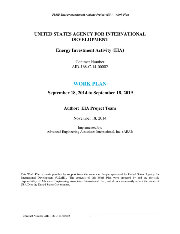 Energy Investment Activity (EIA): Work Plan (September 18, 2014 to September 18, 2019)