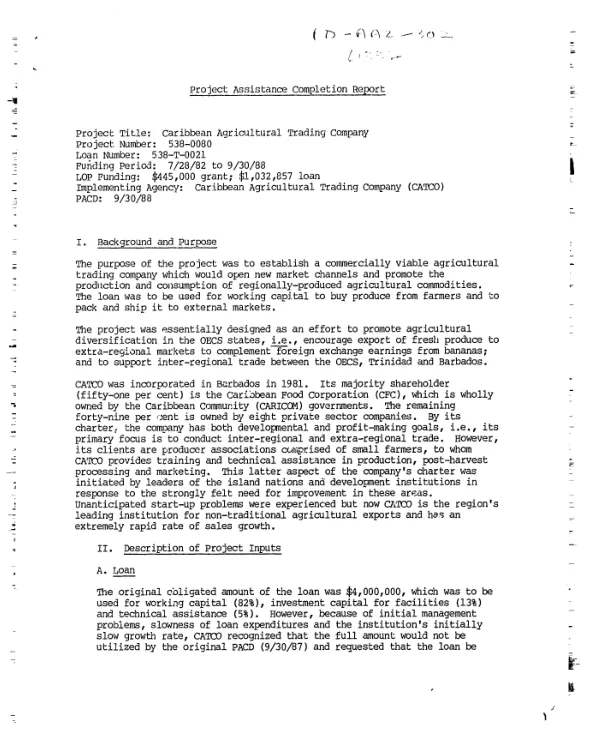 Project assistance completion report [: Caribbean agricultural Trading Company]