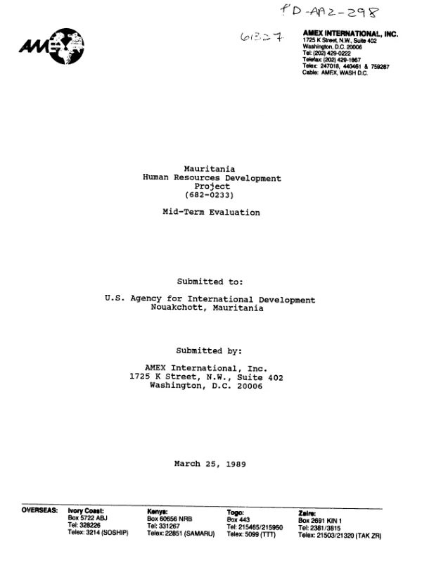 Mauritania, human resources development project (682-0233) : mid-term evaluation