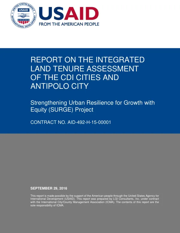 Report on the integrated land tenure assessment of the CDI cities and Antipolo City