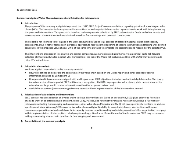 [USAID Egypt SEED] summary analysis of value chains assessment and priorities for interventions