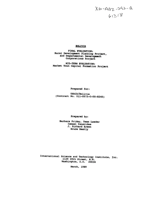 Bolivia - final evaluation -- rural development planning project, and departmental development corporations project : mid-term evaluation -- market town capital formation project