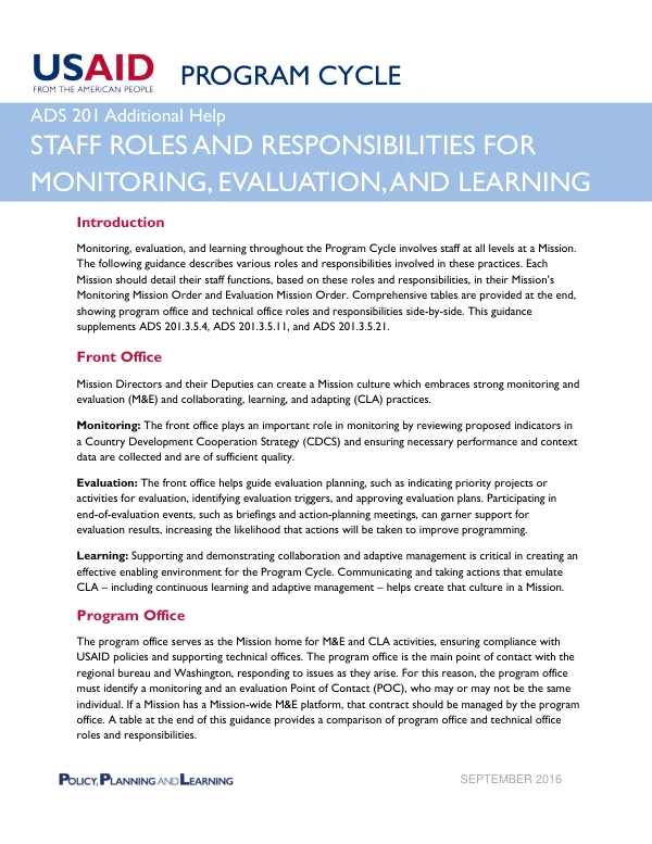 ADS 201 additional help : staff roles and responsibilities for monitoring, evaluation, and learning