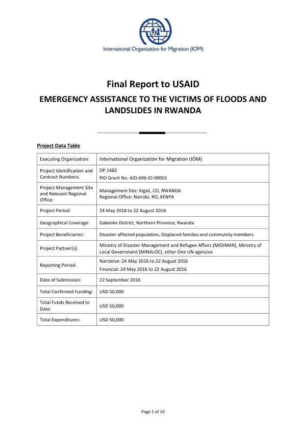 Final report to USAID : emergency assistance to the victims of floods and landslides in Rwanda, 24 May 2016 to 22 August 2016