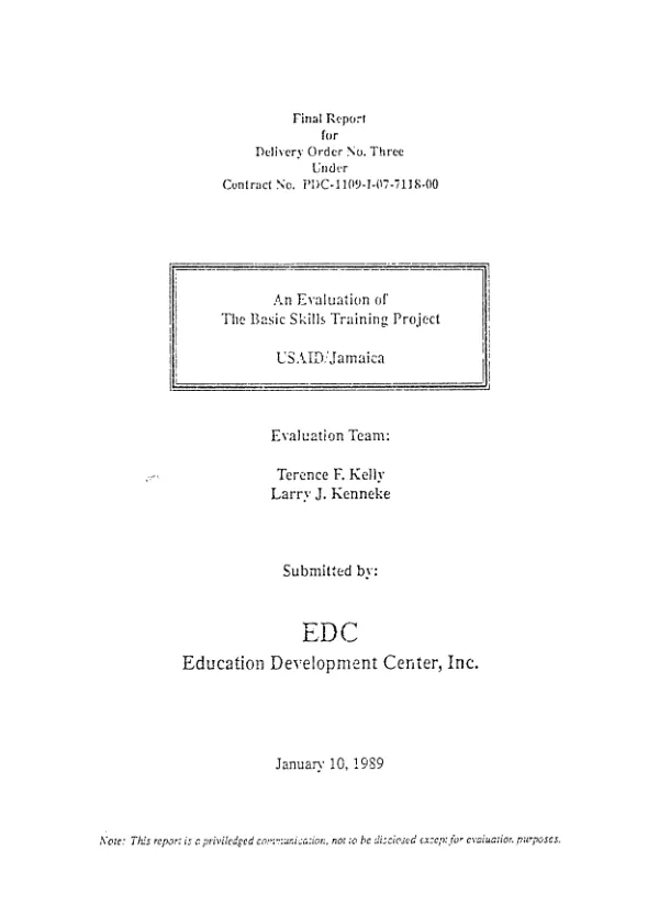 Report of the external evaluation team : the basic skills training project (Jamaica), AID project no. 532-0082