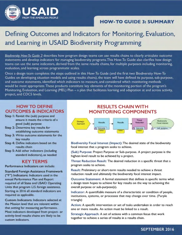 Biodiversity how-to guide 3 : summary : defining outcomes and indicators for monitoring, evaluation, and learning in USAID biodiversity programming