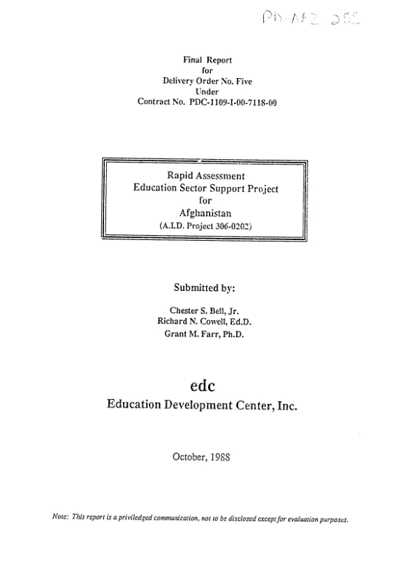 Rapid assessment : education sector support project in Afghanistan (AID project 306-0202)