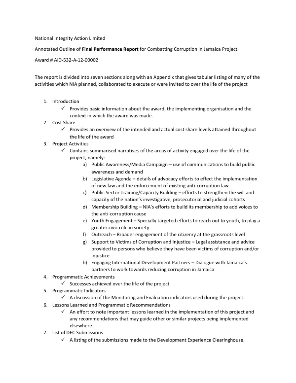 Combatting corruption in Jamaica, award number: AID-532-A-12-00002 : final performance report : annotated outline