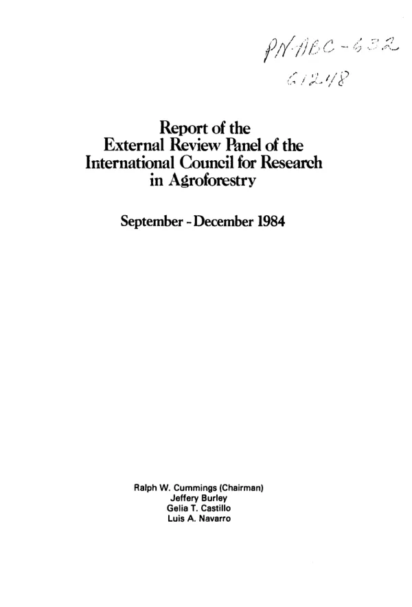 Report of the external review panel of the International Council of Research in Agroforestry, September-December 1984