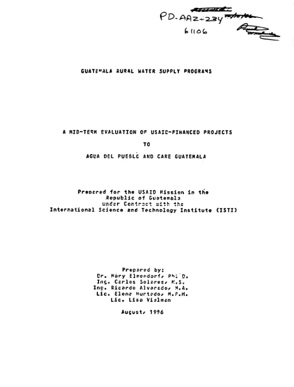 Guatemala rural water supply programs : a mid-term evaluation of USAID-financed projects to Agua del Pueblo and CARE Guatemala