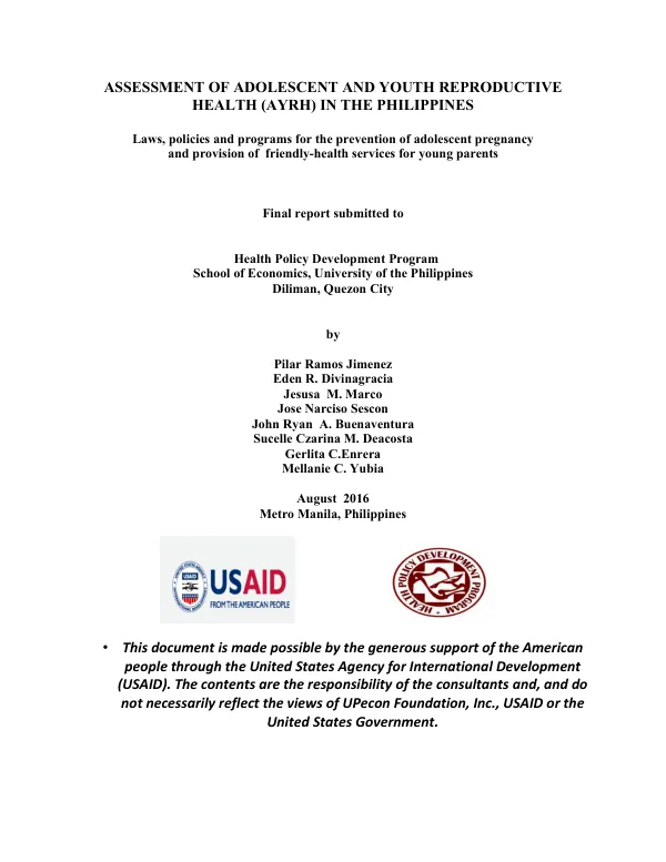 Assessment of adolescent and youth reproductive health (AYRH) in the Philippines