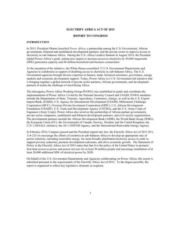 Electrify Africa Act of 2015 : report to Congress