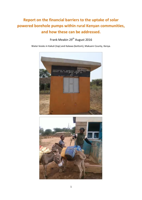 Report on the financial barriers to the uptake of solar powered borehole pumps within rural Kenyan communities, and how these can be addressed