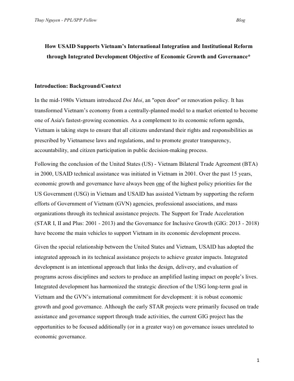 How USAID supports Vietnam"s international integration and institutional reform through integrated development objective of economic growth and governance