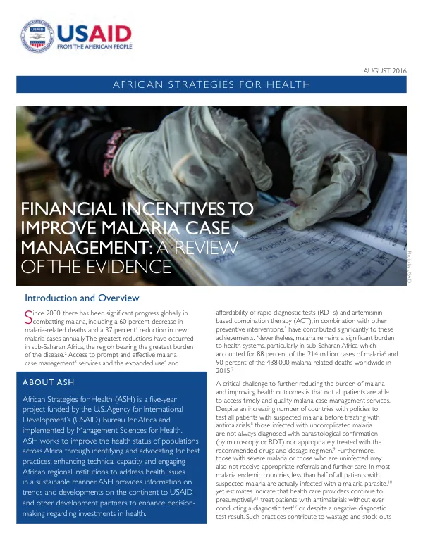 Financial incentives to improve malaria case management : a review of the evidence