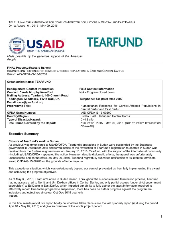Final program results report : humanitarian response for conflict affected populations in East and Central Darfur grant : AID-OFDA-G-15-00200